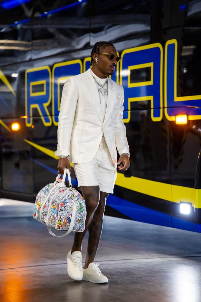 Feb 11, 2024; Paradise, Nevada, USA; Kansas City Chiefs wide receiver Mecole Hardman arrives at the stadium prior to the game against the San Francisco 49ers in Super Bowl LVIII at Allegiant Stadium.